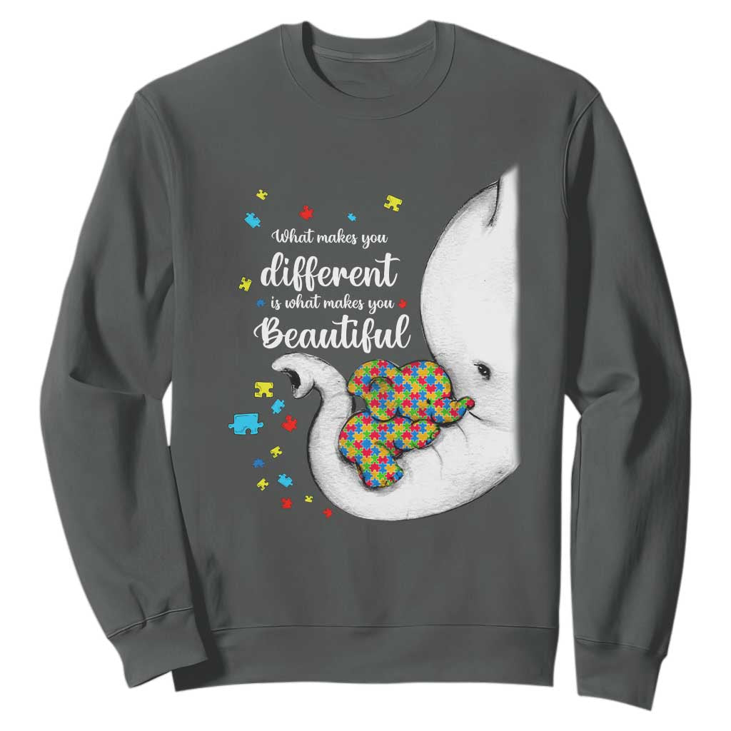 Elephant Autism Sweatshirt What Makes You Different Is What Makes You Beautiful Puzzle Pieces TS01 Dark Heather Printyourwear