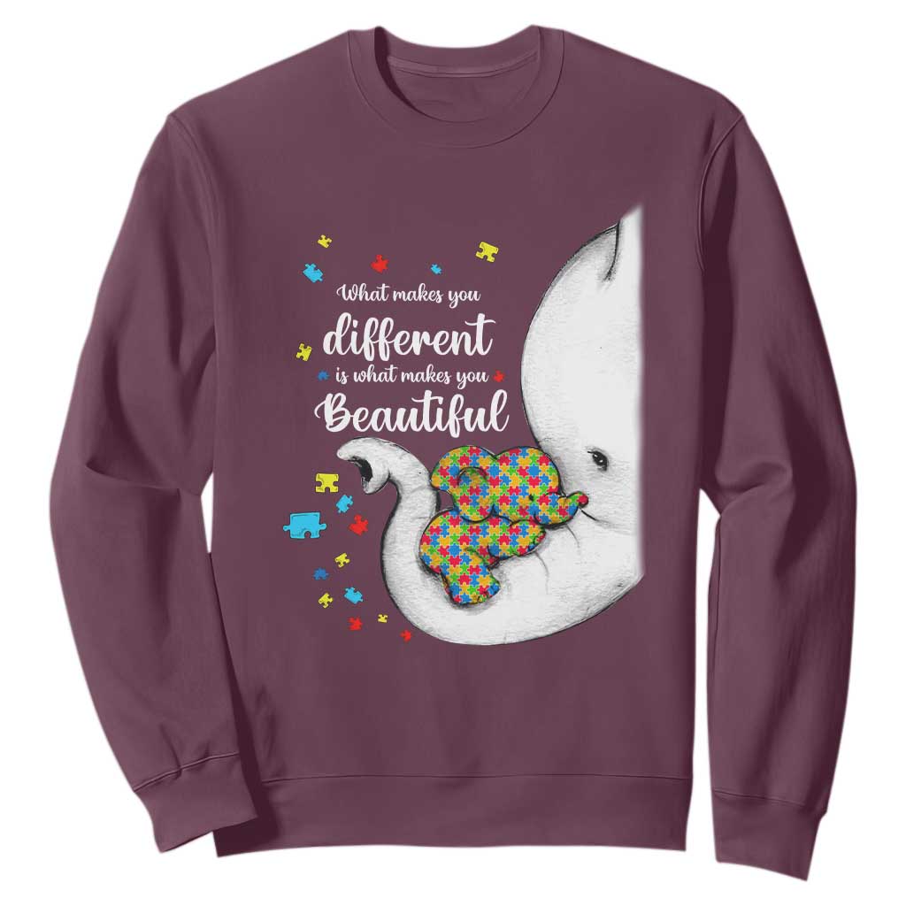 Elephant Autism Sweatshirt What Makes You Different Is What Makes You Beautiful Puzzle Pieces TS01 Maroon Printyourwear