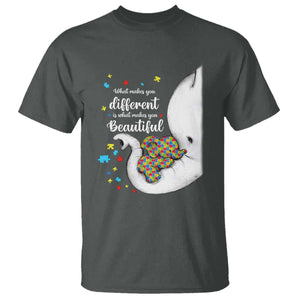 Elephant Autism T Shirt What Makes You Different Is What Makes You Beautiful Puzzle Pieces TS01 Dark Heather Printyourwear