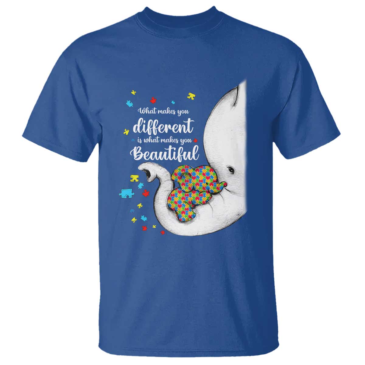 Elephant Autism T Shirt What Makes You Different Is What Makes You Beautiful Puzzle Pieces TS01 Royal Blue Printyourwear
