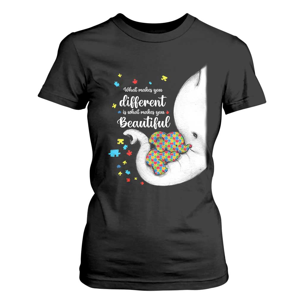 Elephant Autism T Shirt For Women What Makes You Different Is What Makes You Beautiful Puzzle Pieces TS01 Black Printyourwear
