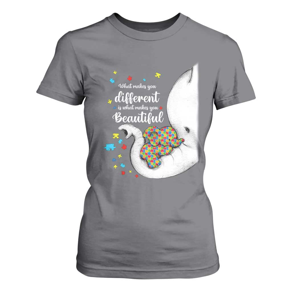 Elephant Autism T Shirt For Women What Makes You Different Is What Makes You Beautiful Puzzle Pieces TS01 Charcoal Printyourwear