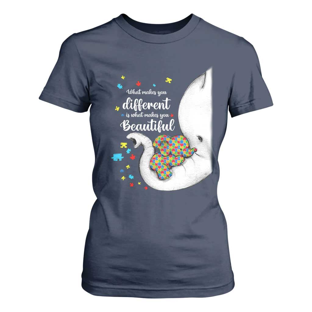 Elephant Autism T Shirt For Women What Makes You Different Is What Makes You Beautiful Puzzle Pieces TS01 Navy Printyourwear