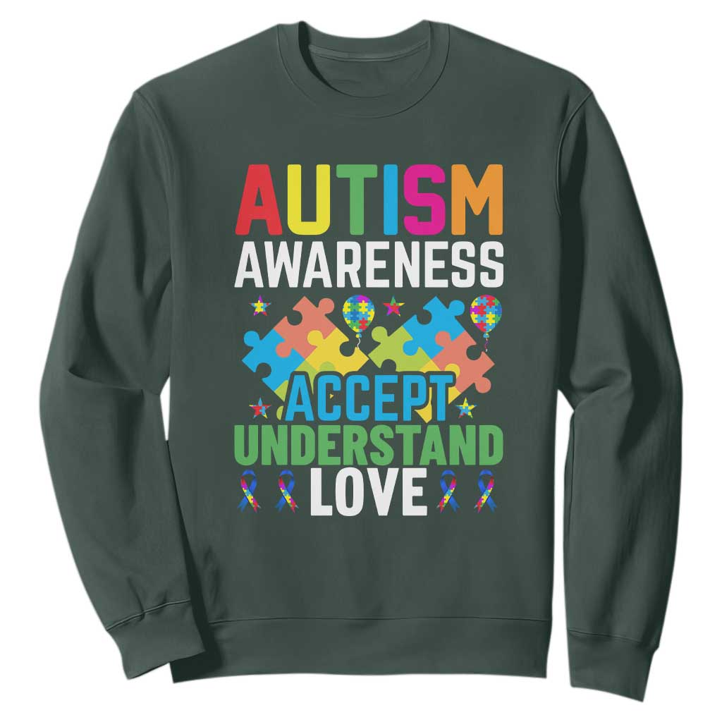 Autism Awareness Sweatshirt Accept Understand Love Spectrum Blue Ribbon TS01 Dark Forest Green Printyourwear