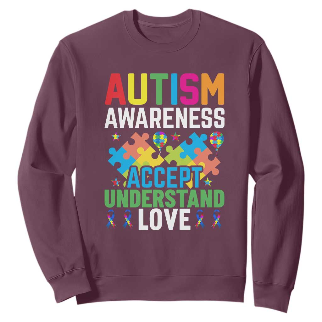 Autism Awareness Sweatshirt Accept Understand Love Spectrum Blue Ribbon TS01 Maroon Printyourwear