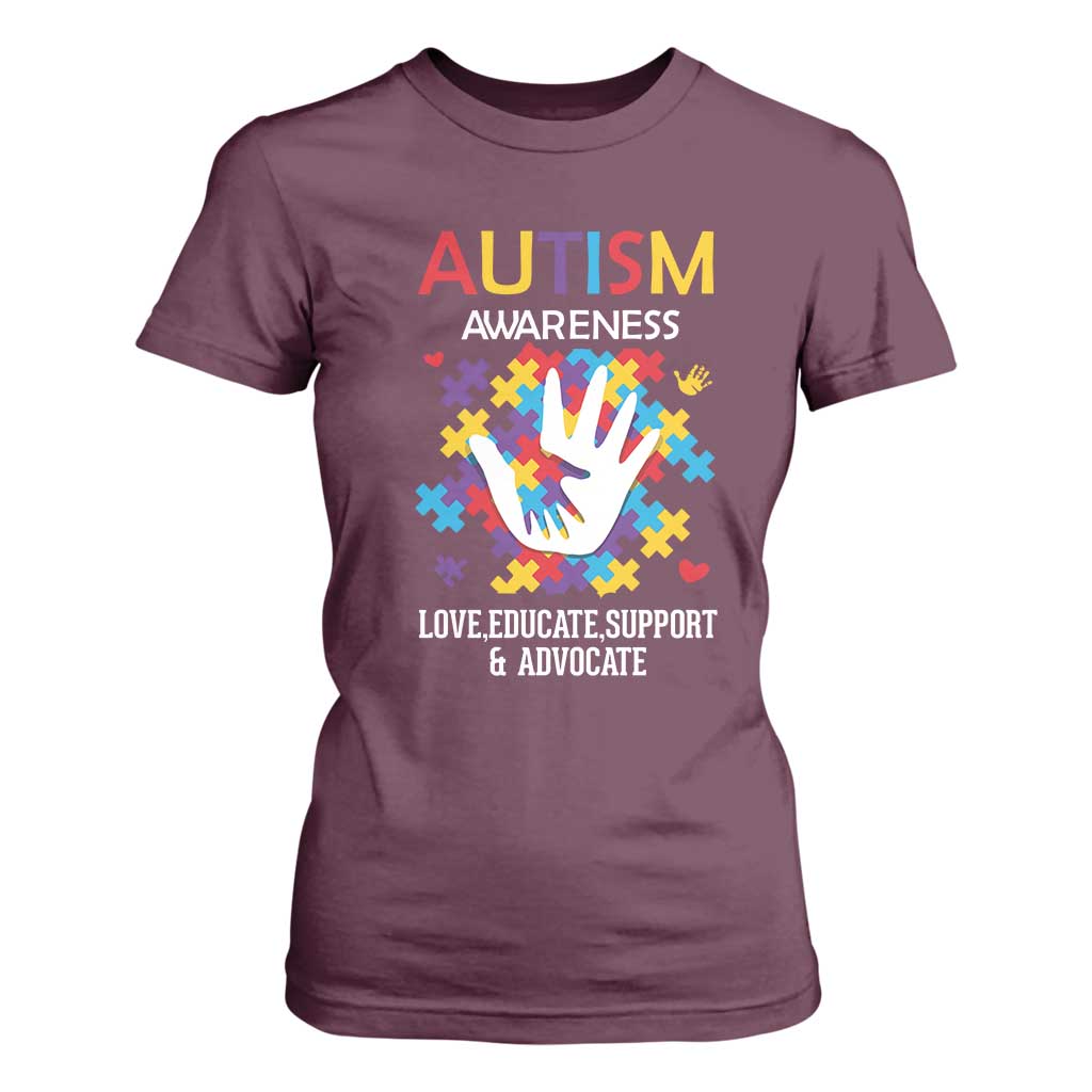 Autism Awareness T Shirt For Women Love Educate Support Advocate TS01 Maroon Printyourwear