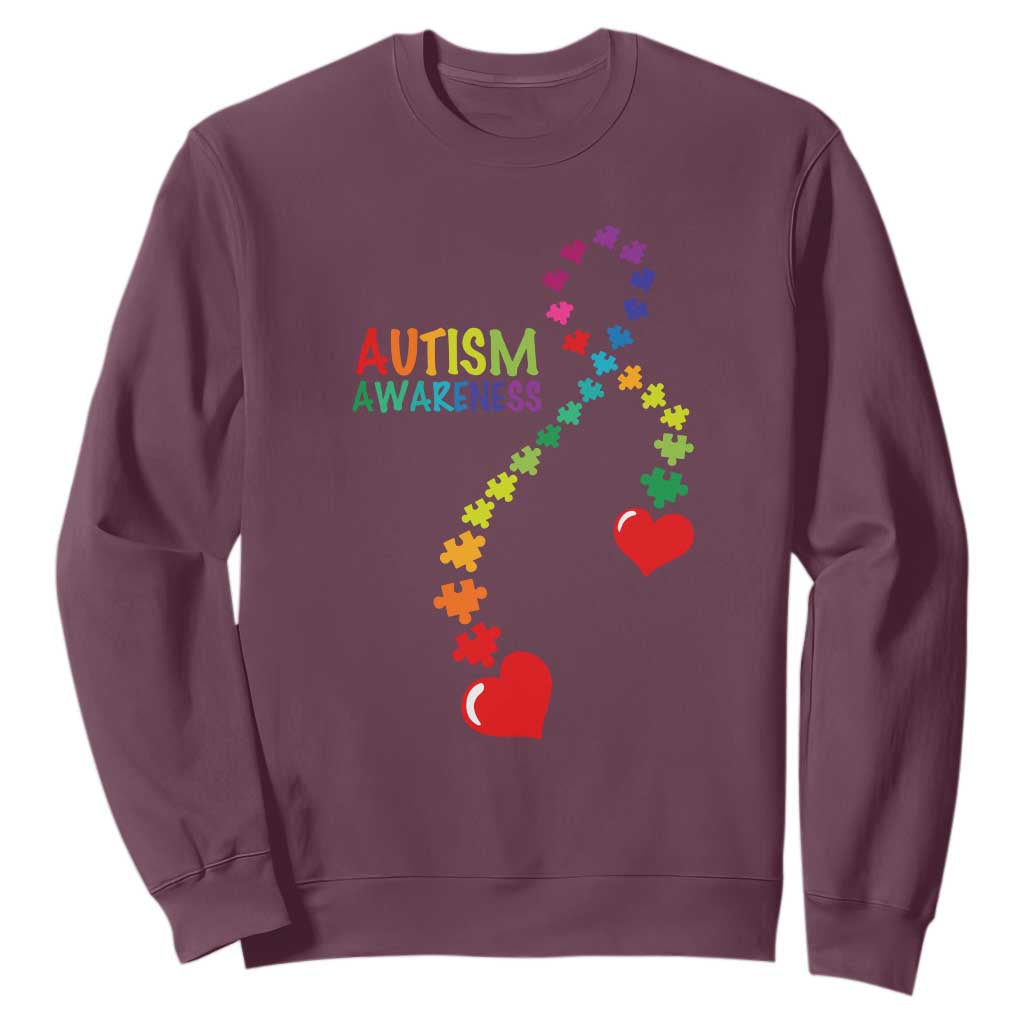 Heart Autism Awareness Sweatshirt Puzzle Heart Ribbon Support Accept TS01 Maroon Printyourwear