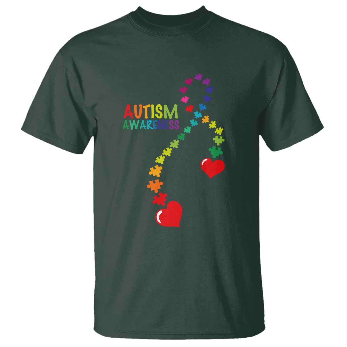 Heart Autism Awareness T Shirt Puzzle Heart Ribbon Support Accept TS01 Dark Forest Green Printyourwear