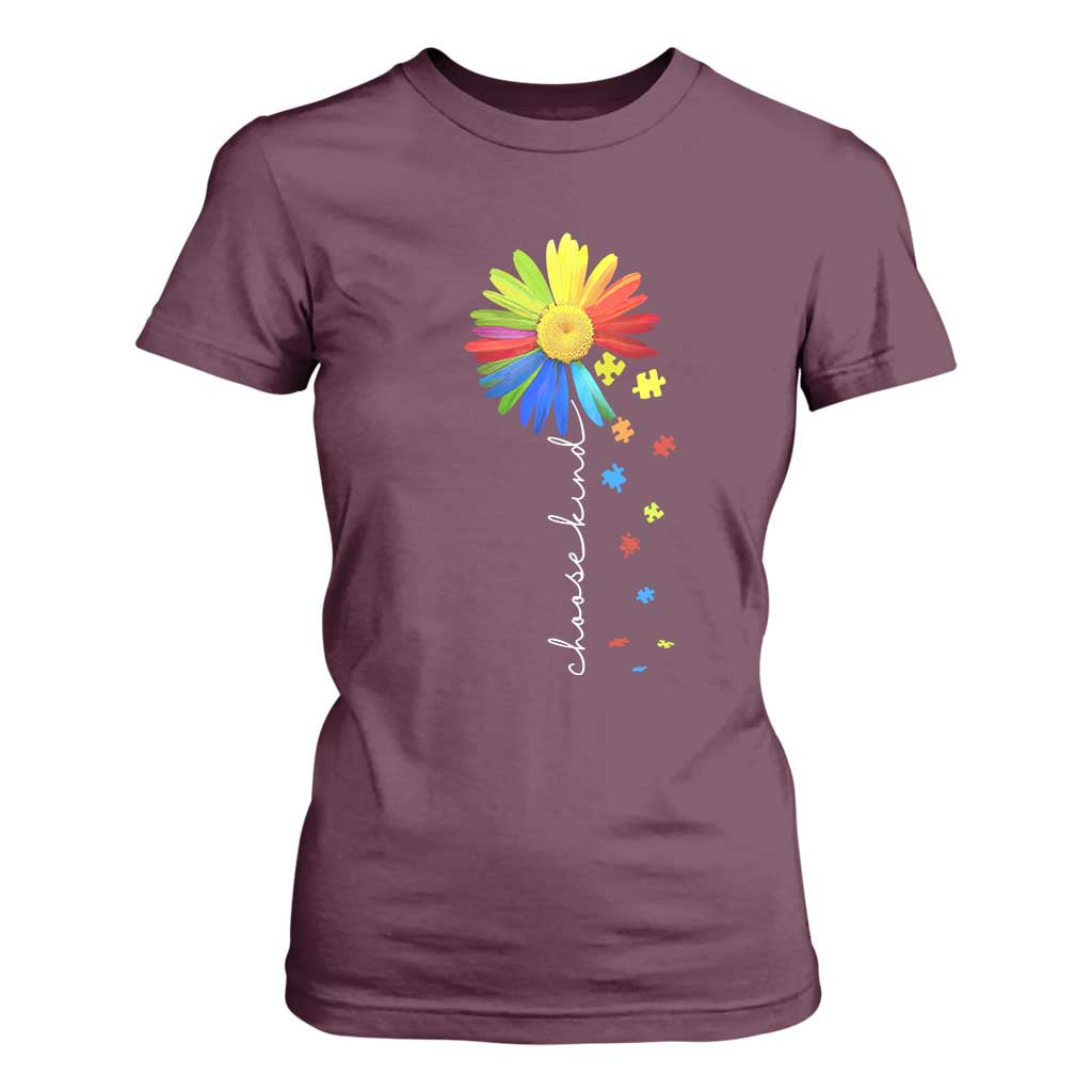 Sunflower Autism T Shirt For Women Choose Kind Rainbow Puzzle Piece TS01 Maroon Printyourwear