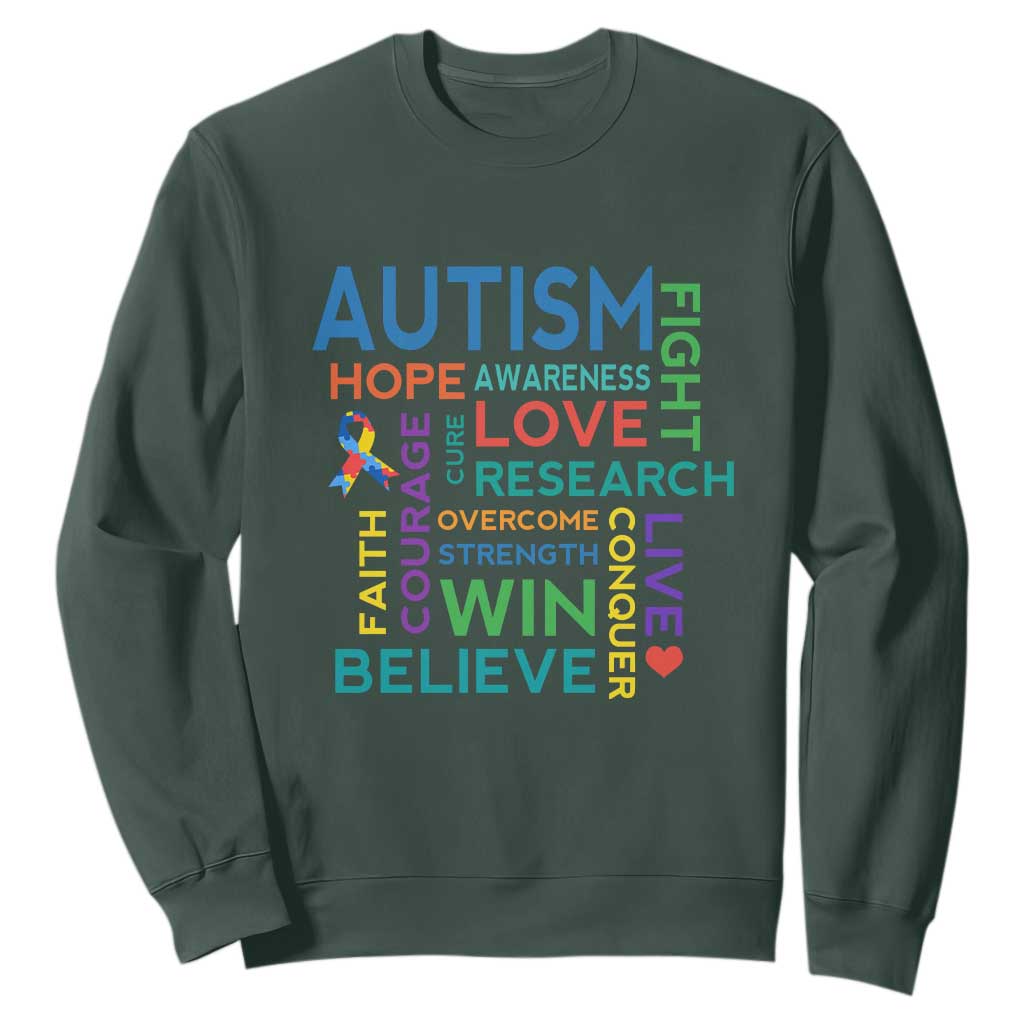 Autism Support Sweatshirt Warriors Fight Hope Love Courage Believe Win TS01 Dark Forest Green Printyourwear