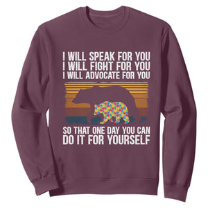 Autism Mom Sweatshirt I Will Speak Fight Advocate For You So That One Day You Can Do It For Yourself Retro Mama Bear TS01 Maroon Printyourwear