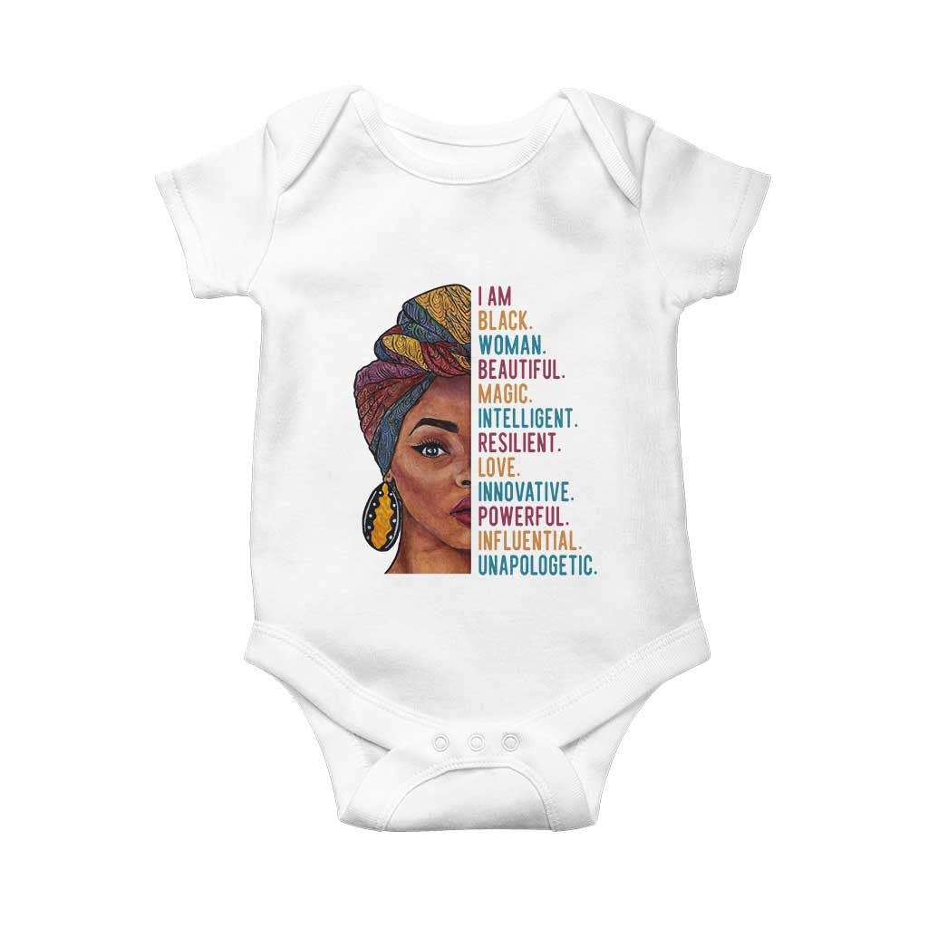 Black Woman Baby Onesie Beautiful Magic Intelligent Resilient Love African American Pride TS01 White Print Your Wear