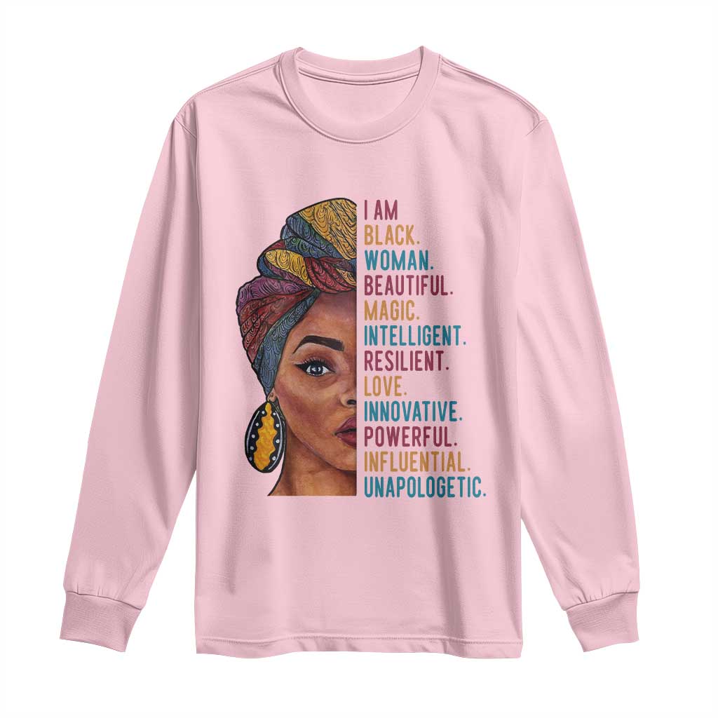Black Woman Long Sleeve Shirt Beautiful Magic Intelligent Resilient Love African American Pride TS01 Light Pink Print Your Wear