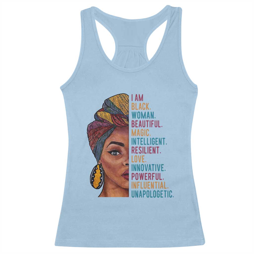 Black Woman Racerback Tank Top Beautiful Magic Intelligent Resilient Love African American Pride TS01 Light Blue Print Your Wear