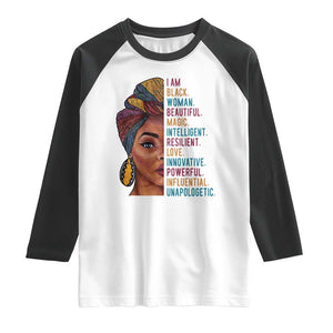 Black Woman Raglan Shirt Beautiful Magic Intelligent Resilient Love African American Pride TS01 White Black Print Your Wear