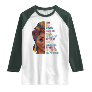 Black Woman Raglan Shirt Beautiful Magic Intelligent Resilient Love African American Pride TS01 White Dark Forest Green Print Your Wear