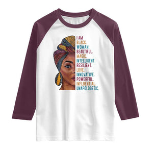 Black Woman Raglan Shirt Beautiful Magic Intelligent Resilient Love African American Pride TS01 White Maroon Print Your Wear