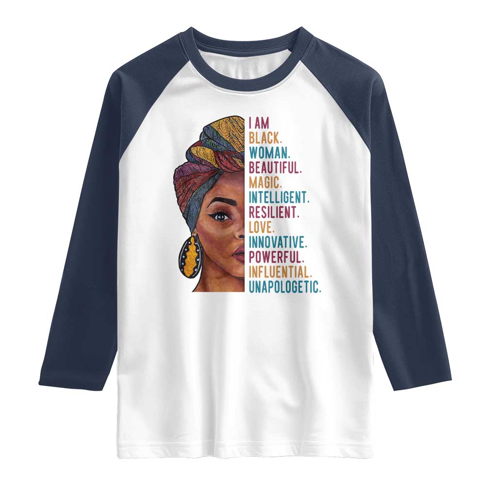 Black Woman Raglan Shirt Beautiful Magic Intelligent Resilient Love African American Pride TS01 White Navy Print Your Wear