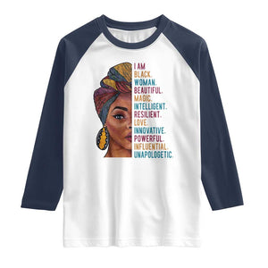 Black Woman Raglan Shirt Beautiful Magic Intelligent Resilient Love African American Pride TS01 White Navy Print Your Wear