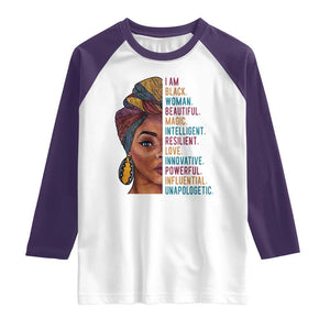 Black Woman Raglan Shirt Beautiful Magic Intelligent Resilient Love African American Pride TS01 White Purple Print Your Wear