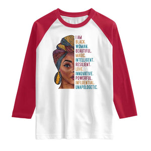 Black Woman Raglan Shirt Beautiful Magic Intelligent Resilient Love African American Pride TS01 White Red Print Your Wear