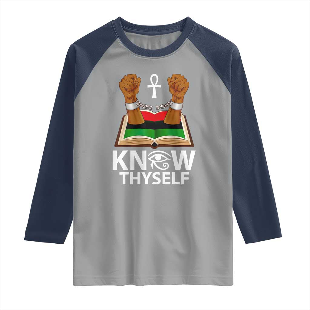 African American History Raglan Shirt Know Thyself Break The Chains TS01 Sport Gray Navy Print Your Wear