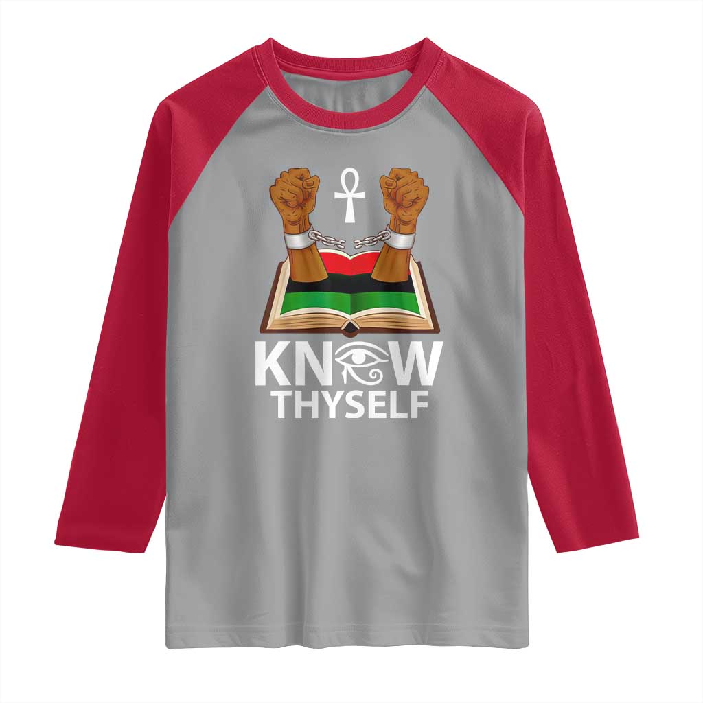 African American History Raglan Shirt Know Thyself Break The Chains TS01 Sport Gray Red Print Your Wear
