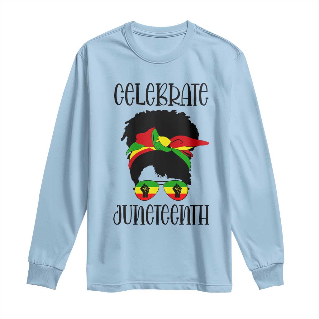 Black Women Long Sleeve Shirt Celebrate Juneteenth Messy Bun TS01 Light Blue Print Your Wear