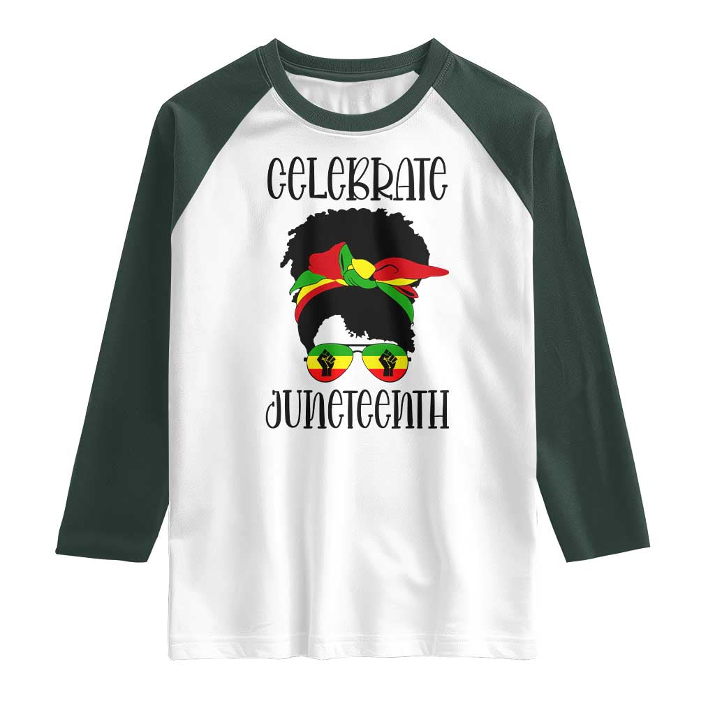 Black Women Raglan Shirt Celebrate Juneteenth Messy Bun TS01 White Dark Forest Green Print Your Wear