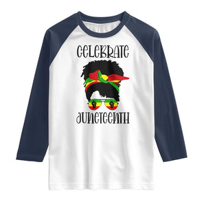 Black Women Raglan Shirt Celebrate Juneteenth Messy Bun TS01 White Navy Print Your Wear