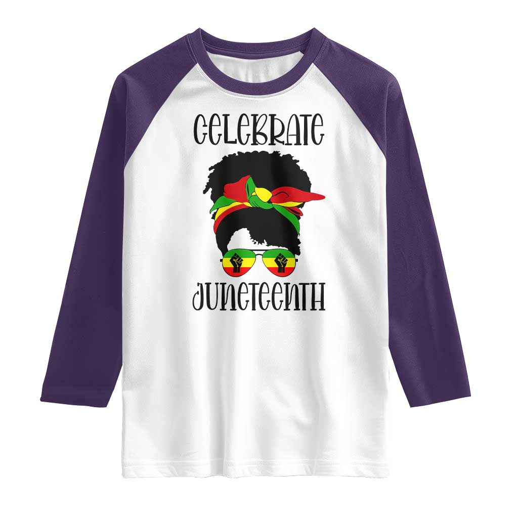 Black Women Raglan Shirt Celebrate Juneteenth Messy Bun TS01 White Purple Print Your Wear