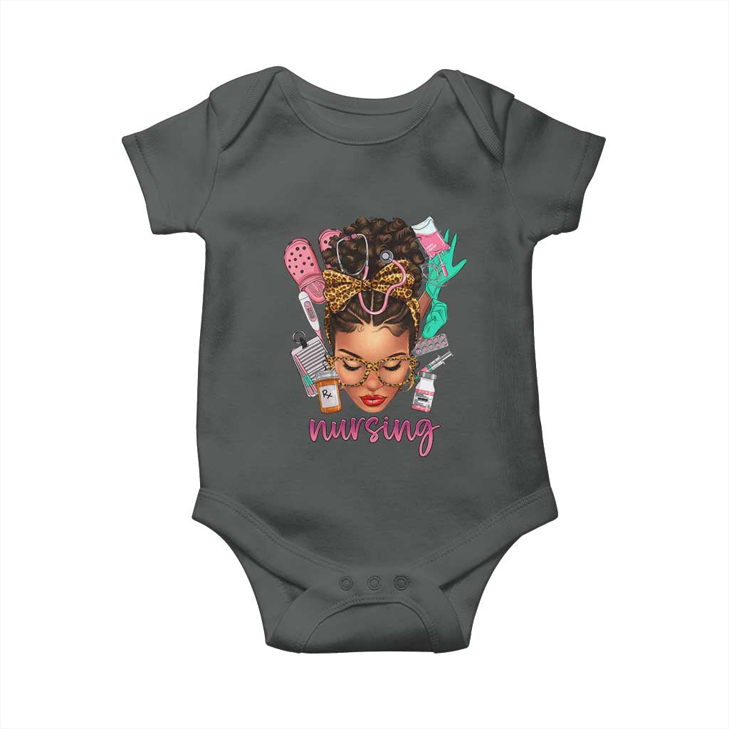African American Nurse Baby Onesie Nursing Black Messy Bun TS01 Dark Heather Print Your Wear