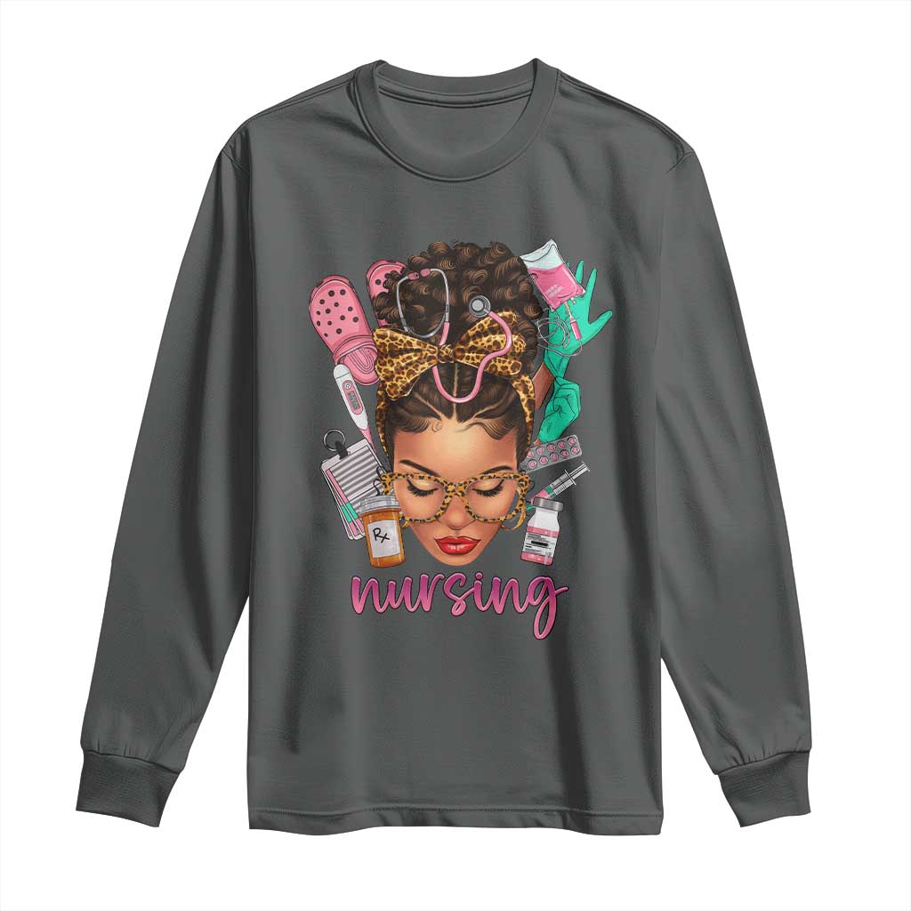 African American Nurse Long Sleeve Shirt Nursing Black Messy Bun TS01 Dark Heather Print Your Wear
