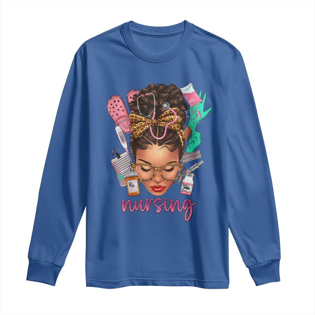 African American Nurse Long Sleeve Shirt Nursing Black Messy Bun TS01 Royal Blue Print Your Wear