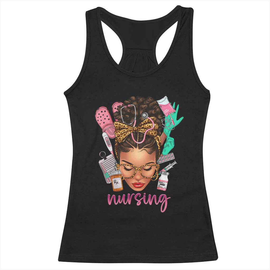 African American Nurse Racerback Tank Top Nursing Black Messy Bun TS01 Black Print Your Wear