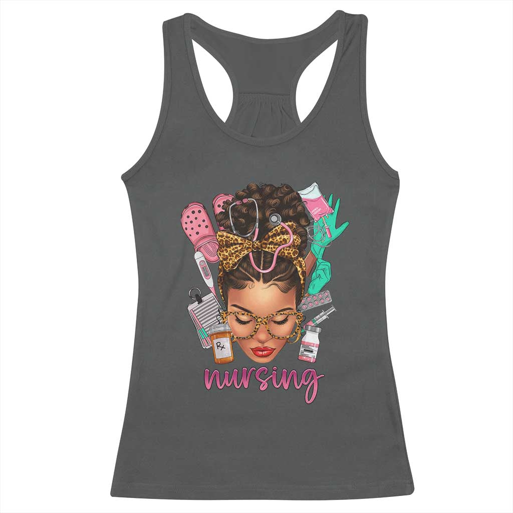 African American Nurse Racerback Tank Top Nursing Black Messy Bun TS01 Dark Heather Print Your Wear