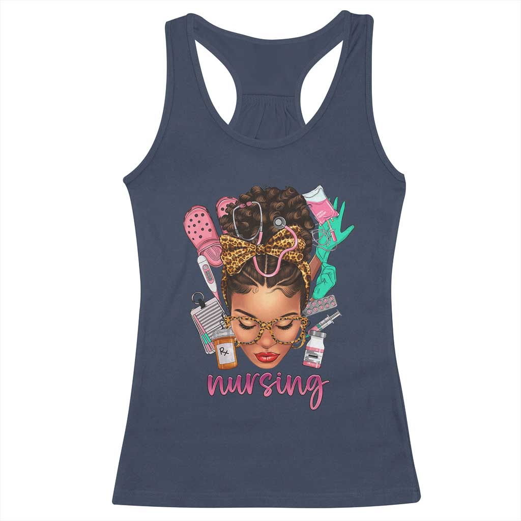 African American Nurse Racerback Tank Top Nursing Black Messy Bun TS01 Navy Print Your Wear