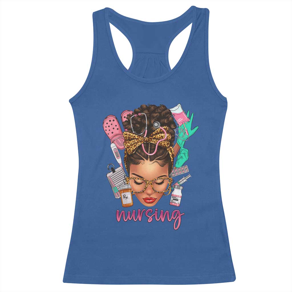 African American Nurse Racerback Tank Top Nursing Black Messy Bun TS01 Royal Blue Print Your Wear