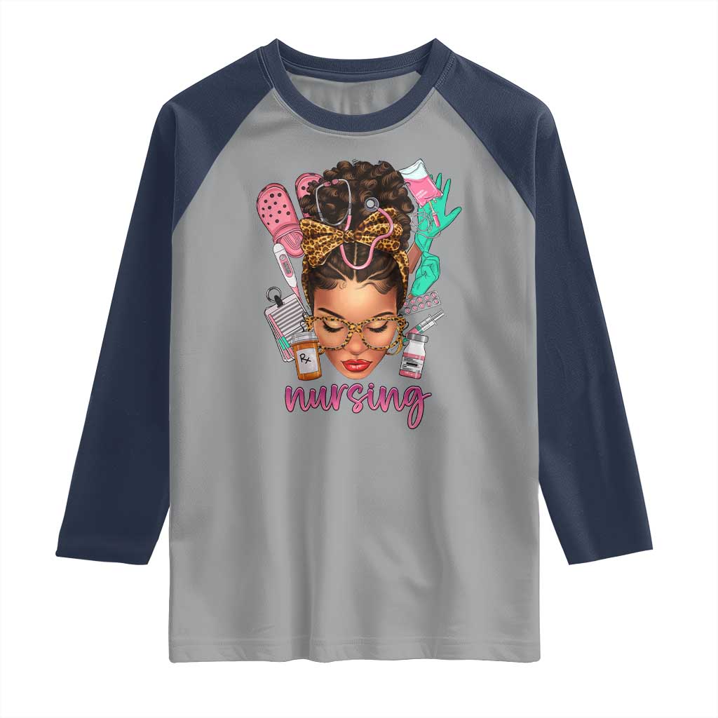African American Nurse Raglan Shirt Nursing Black Messy Bun TS01 Sport Gray Navy Print Your Wear