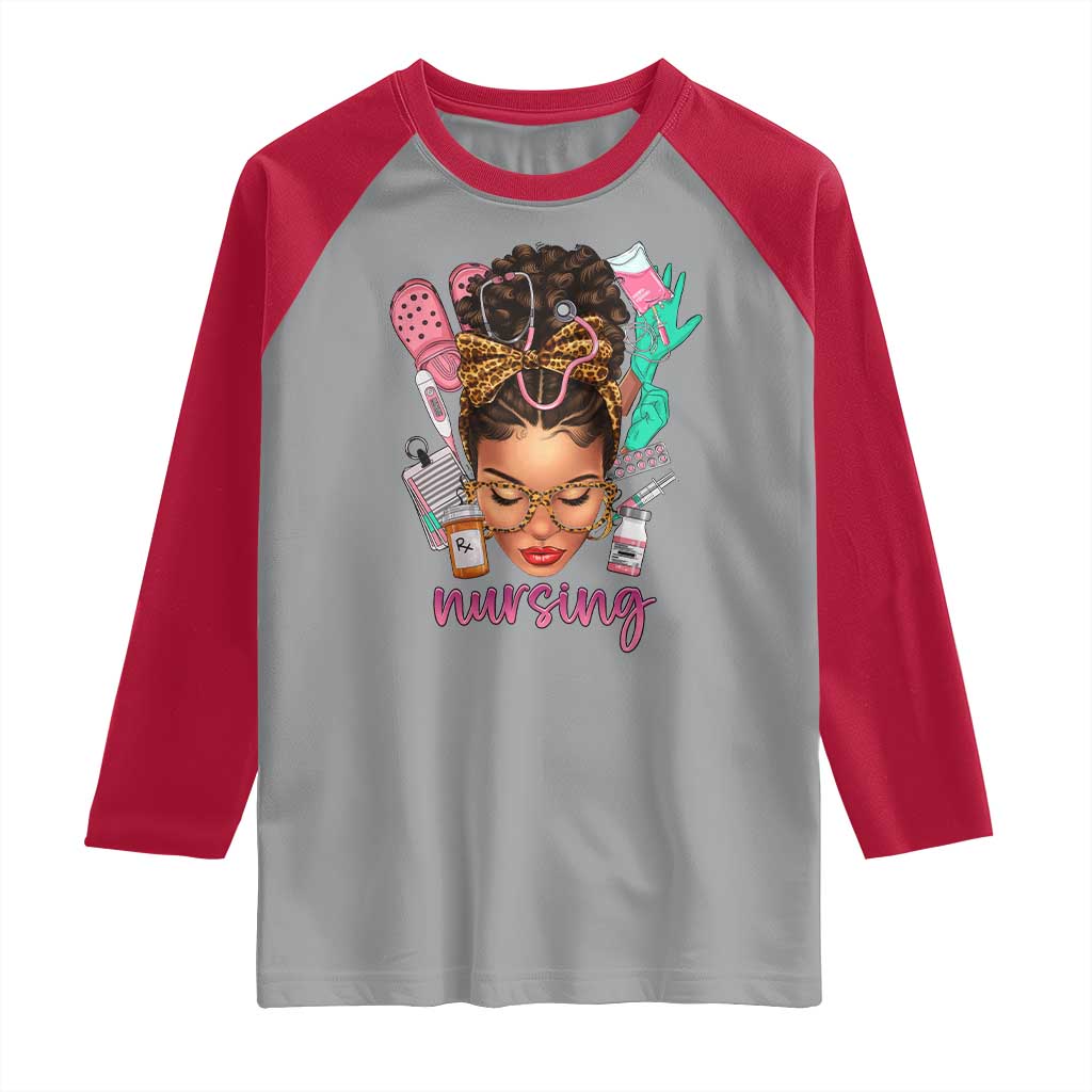 African American Nurse Raglan Shirt Nursing Black Messy Bun TS01 Sport Gray Red Print Your Wear