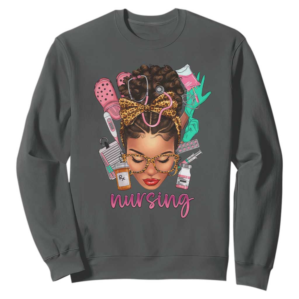 African American Nurse Sweatshirt Black History Month with Afro Hair TS01 Dark Heather Printyourwear