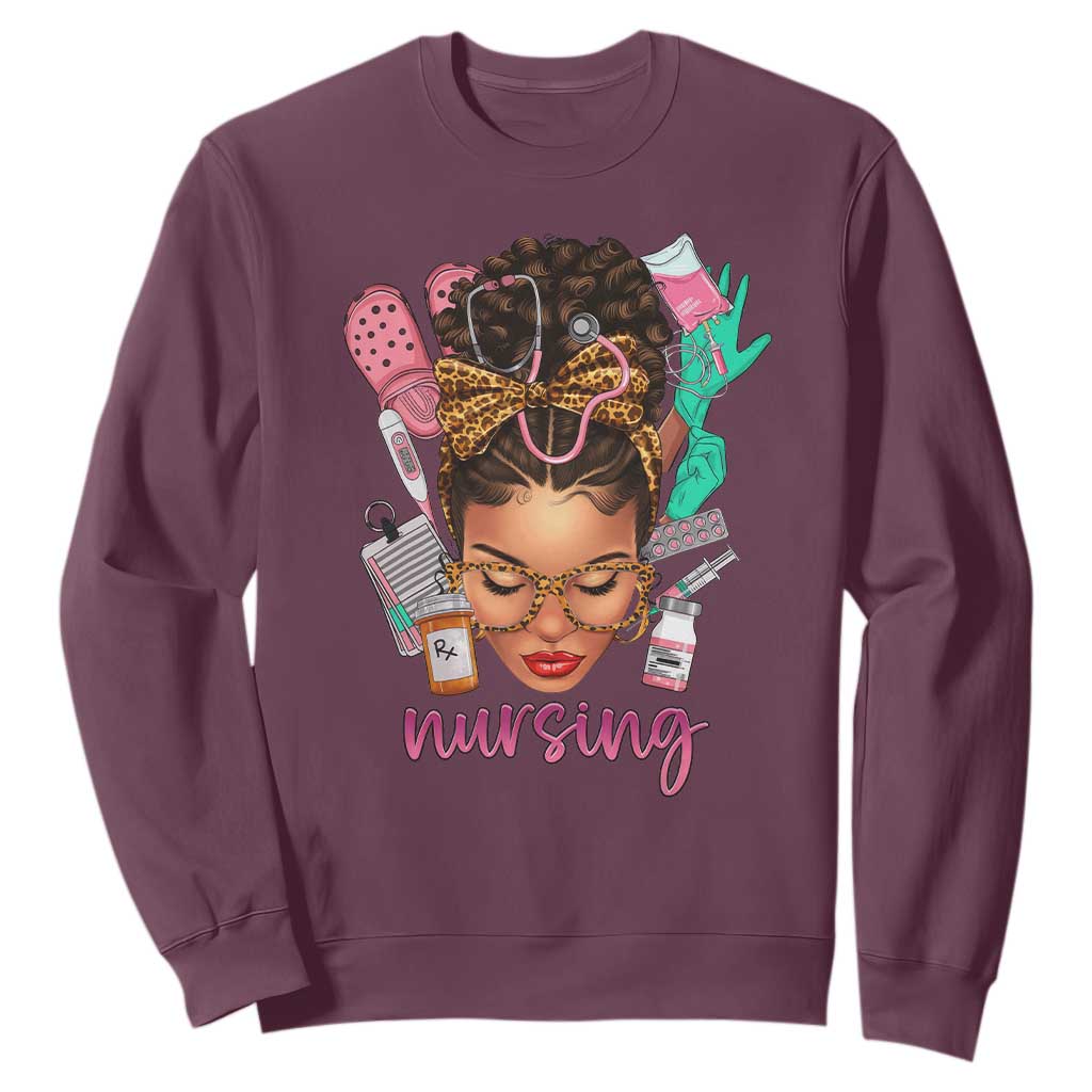 African American Nurse Sweatshirt Black History Month with Afro Hair TS01 Maroon Printyourwear
