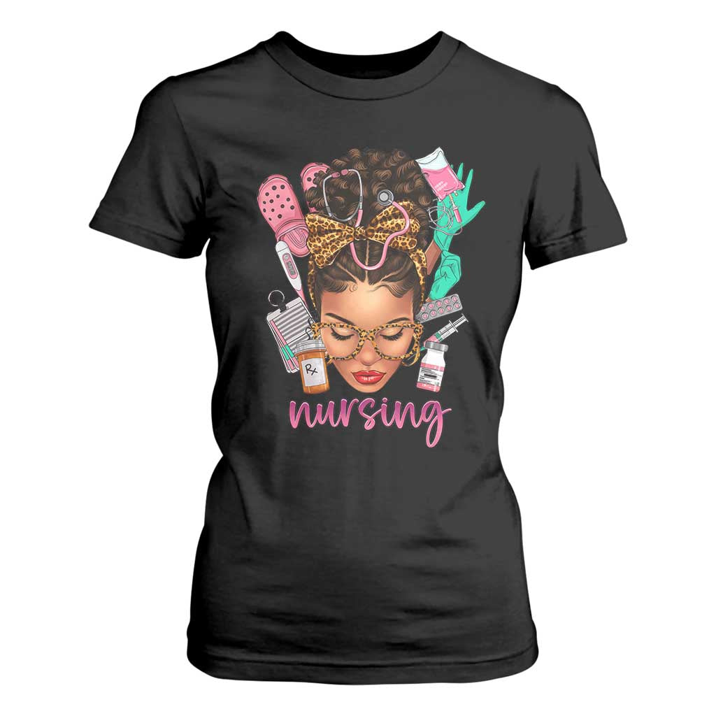 African American Nurse T Shirt For Women Nursing Black Messy Bun TS01 Black Print Your Wear