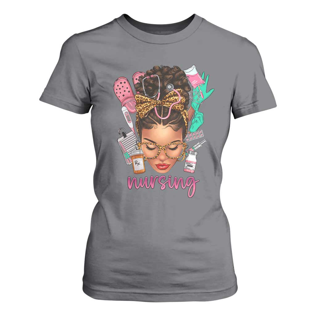 African American Nurse T Shirt For Women Nursing Black Messy Bun TS01 Charcoal Print Your Wear