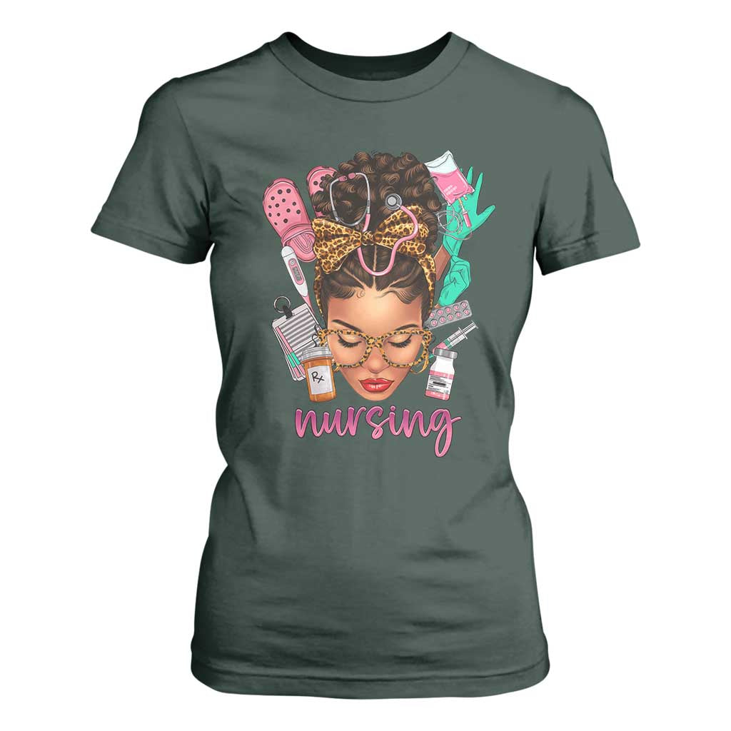African American Nurse T Shirt For Women Nursing Black Messy Bun TS01 Dark Forest Green Print Your Wear