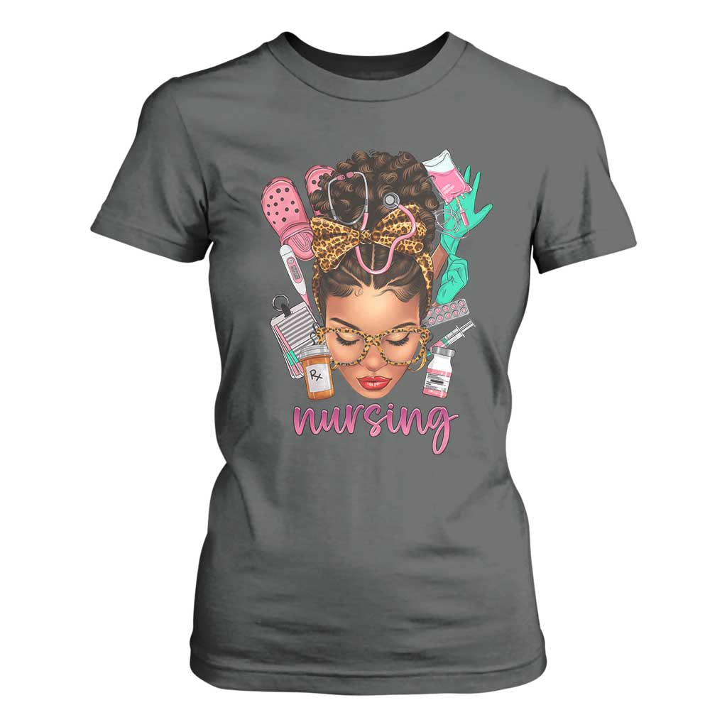 African American Nurse T Shirt For Women Nursing Black Messy Bun TS01 Dark Heather Print Your Wear