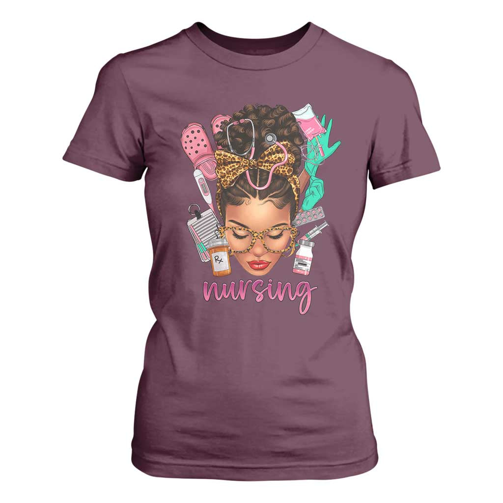 African American Nurse T Shirt For Women Nursing Black Messy Bun TS01 Maroon Print Your Wear