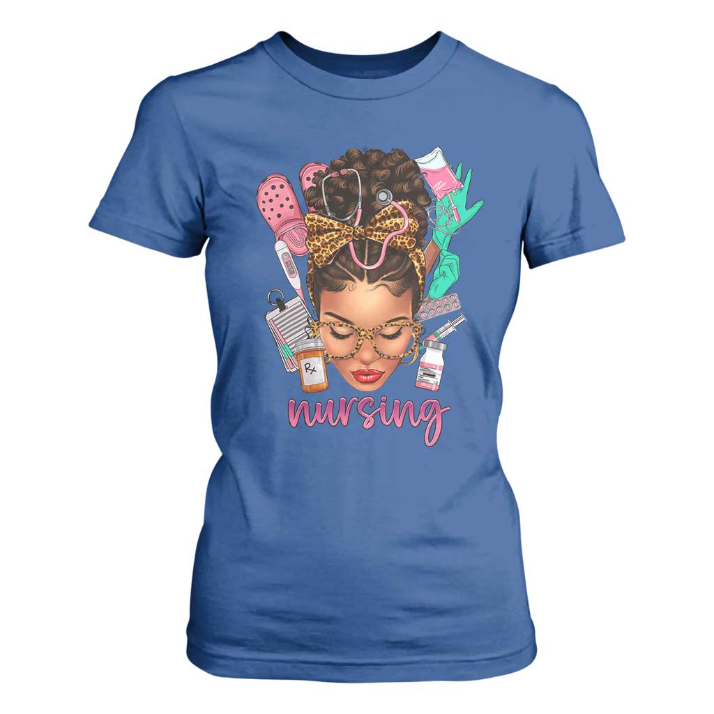 African American Nurse T Shirt For Women Nursing Black Messy Bun TS01 Royal Blue Print Your Wear