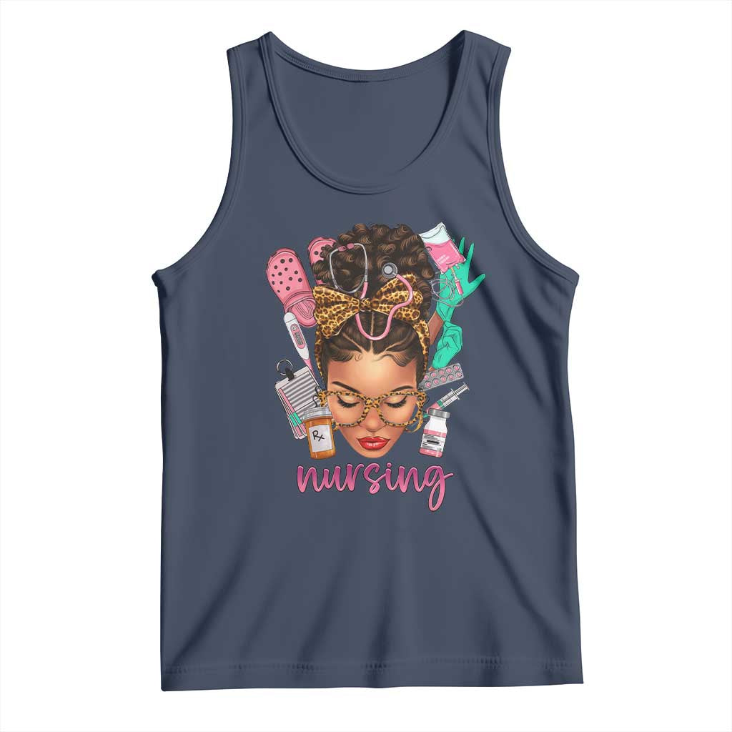 African American Nurse Tank Top Nursing Black Messy Bun TS01 Navy Print Your Wear
