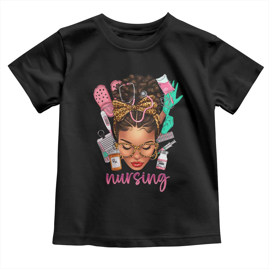 African American Nurse Toddler T Shirt Nursing Black Messy Bun TS01 Black Print Your Wear